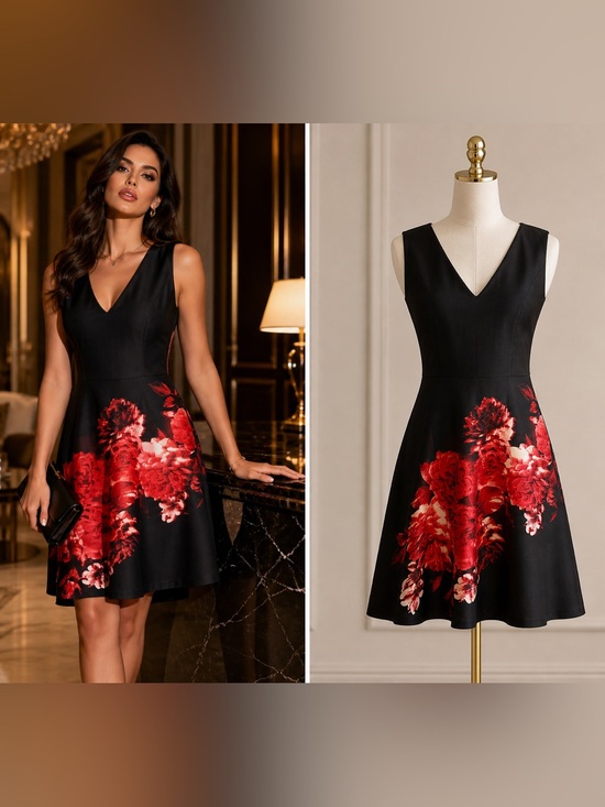 Donna Karan Dresses & Skirts - Donna Karan Black V-Neck Mini Dress with Red Floral Skirt
